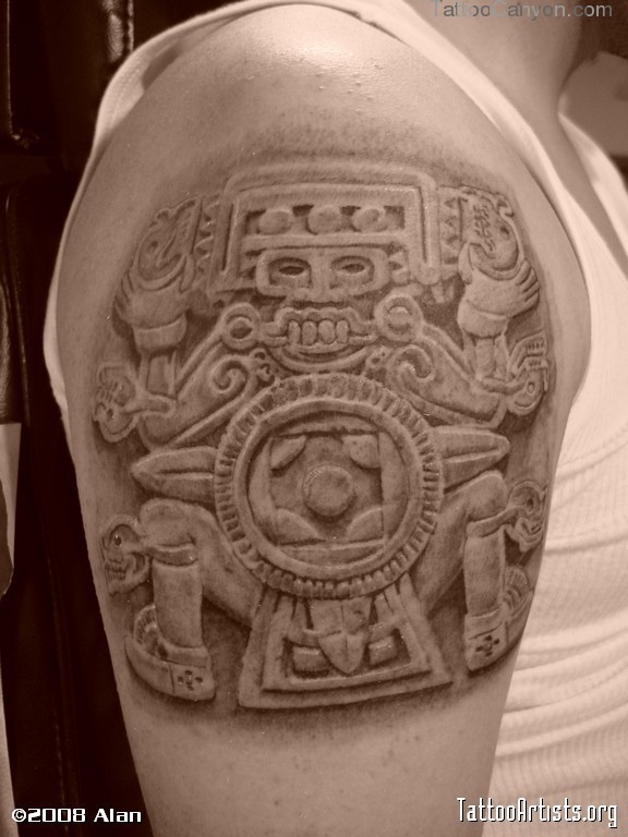 Nice Grey Aztec Tattoo On Man Right Half Sleeve