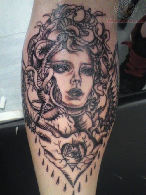 Nice Medusa Face Tattoo On Leg