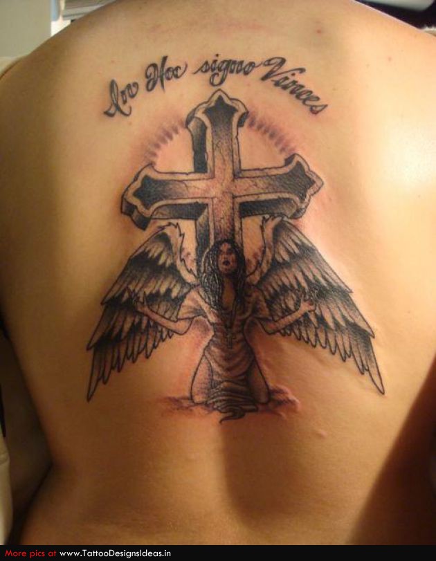 Open winged angel with cross tattoo on back for girls