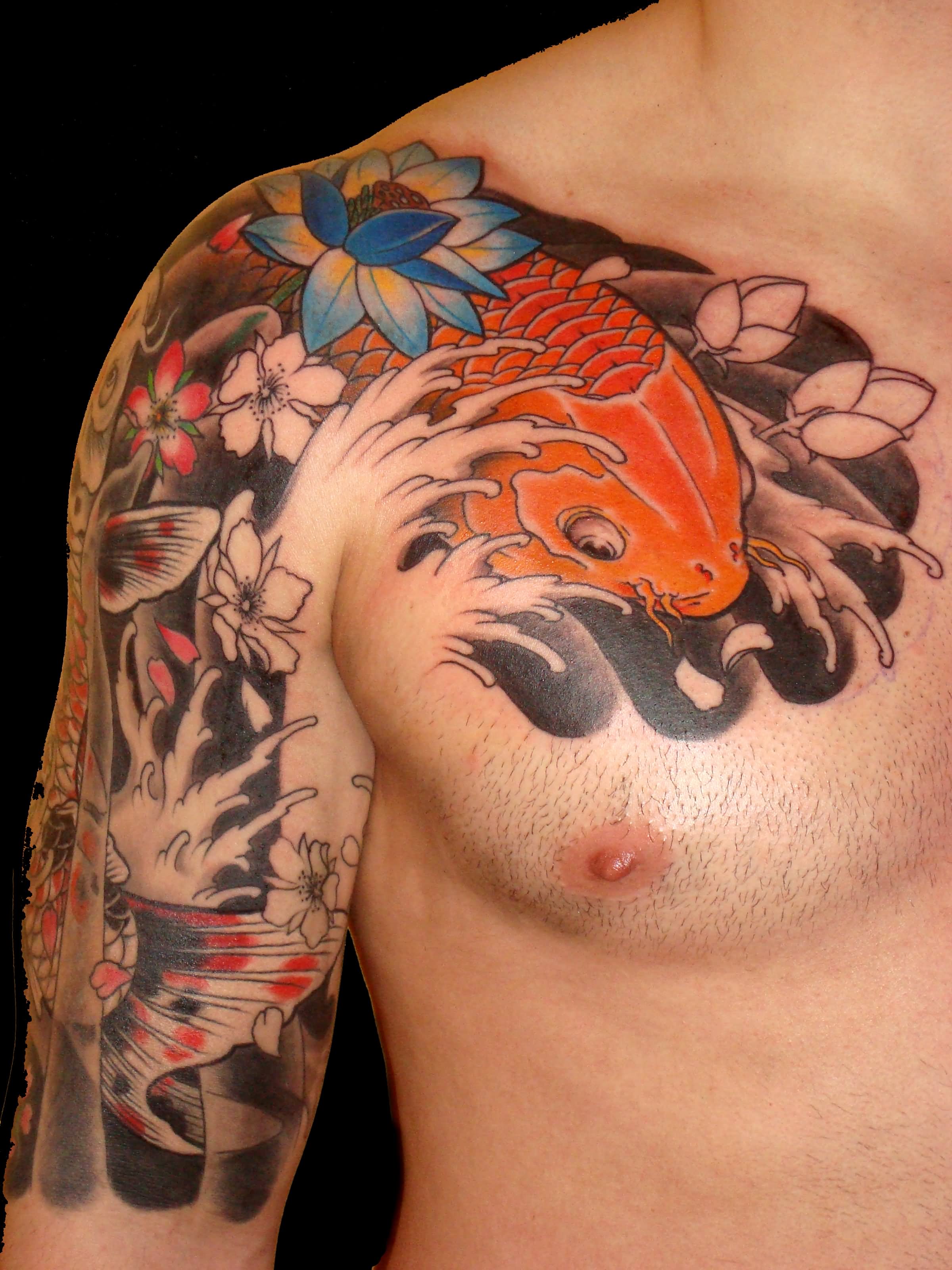 Orange Koi With Flowers Tattoo On Man Right Front Shoulder