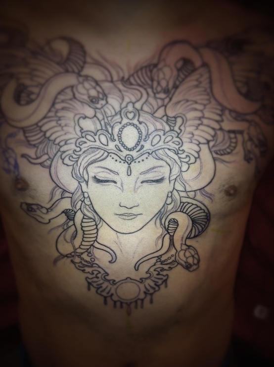 Outline Medusa Face Tattoo On Chest For Men