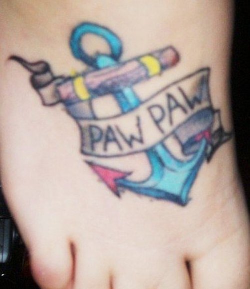 Paw Paw Banner And Anchor Tattoo On Right Foot