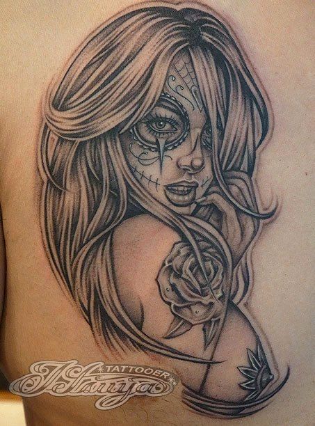 Pin Up Dia De Los Muertos Girl Tattoo Design
