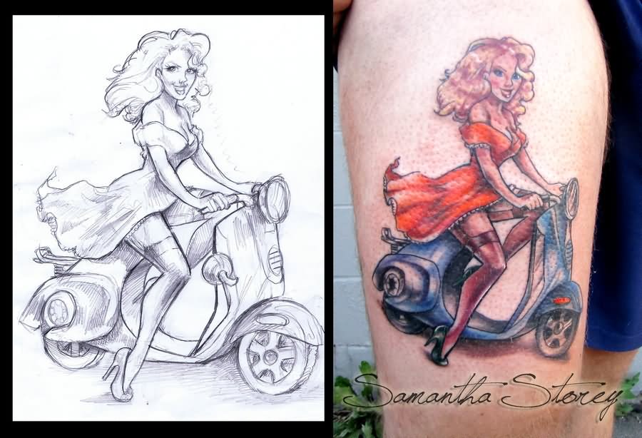 Pin Up Girl On Scooter Tattoo Design For Thigh By Samantha Storey