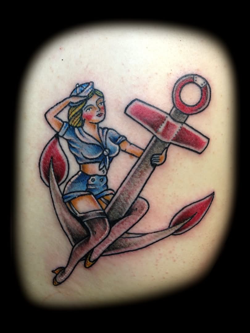 Pin Up Girl With Anchor Tattoo Design
