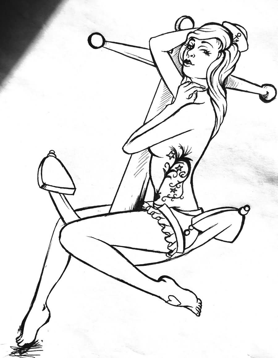 Pin Up Girl With Anchor Tattoo Stencil By Batty Boy