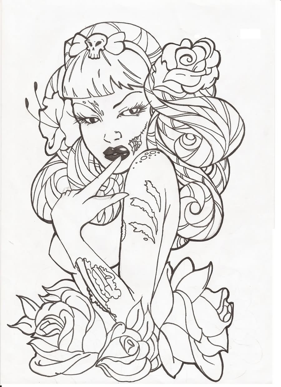 Pin Up Girl With Roses Tattoo Stencil By MIchał