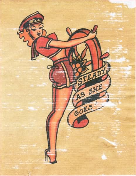 Pin Up Girl With Sailor Wheel And Banner Tattoo Design