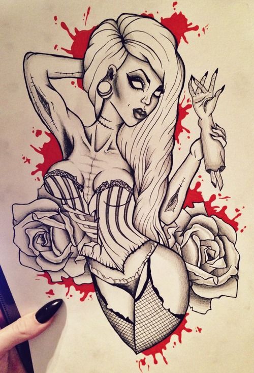 Pin Up Girl With Two Rose Tattoo Design