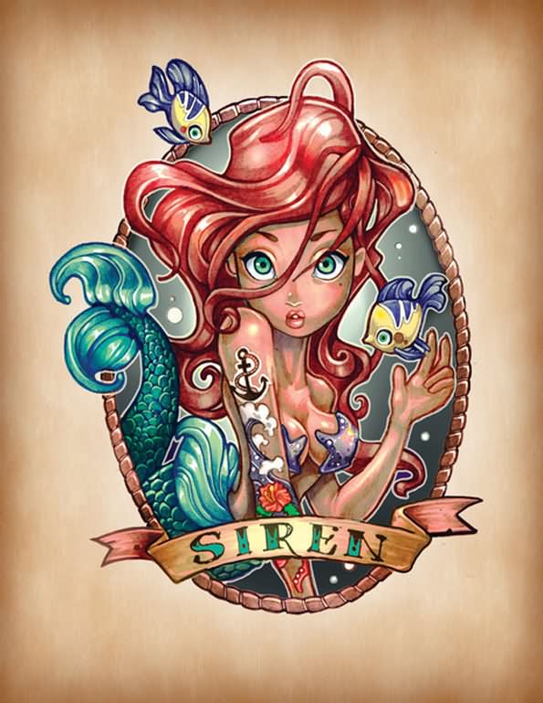 Pin Up Mermaid In Frame With Banner Tattoo Design