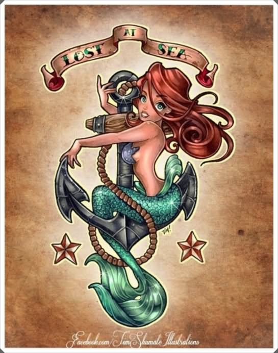Pin Up Mermaid With Anchor And Banner Tattoo Design