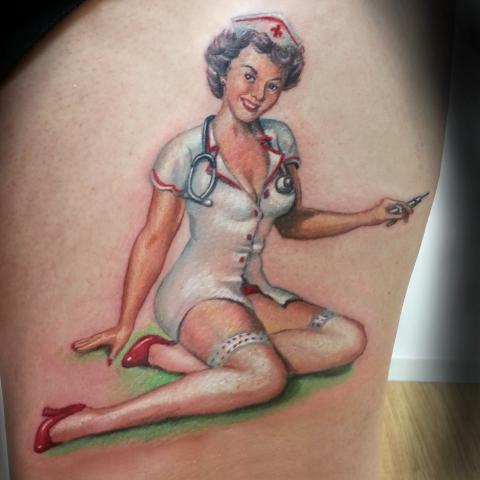 Pin Up Nurse Tattoo Design For Thigh By Bruce Riehl