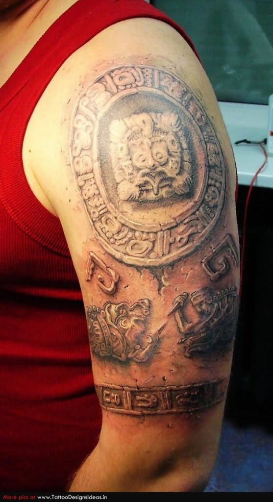 Realistic Aztec Tattoo On Left Half Sleeve