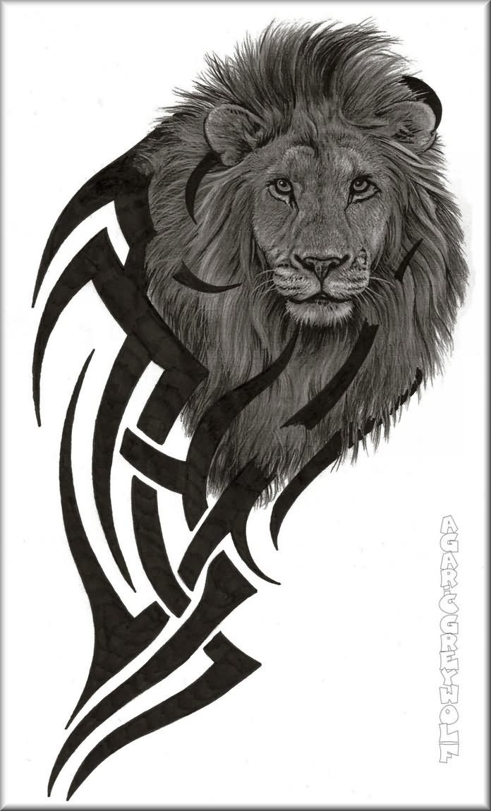 Realistic lion face with tribal pattern tattoo design by Agaricgreywolf