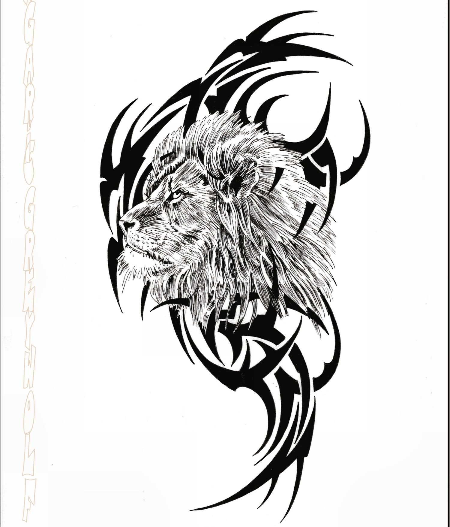 Realistic lion with tribal pattern tattoo design by Agaricgreywolf