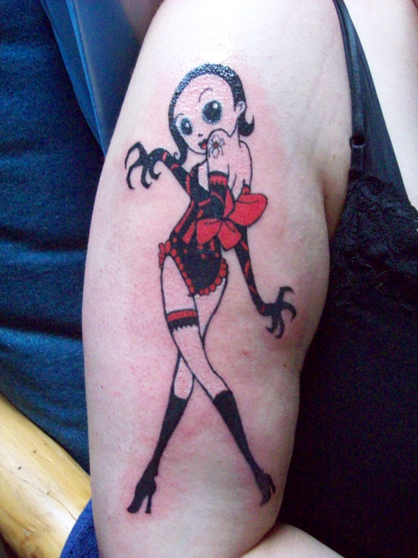 Red And Black Pin Up Girl Tattoo On Right Half Sleeve By Cheryl Stevenson