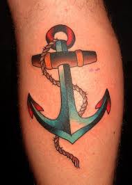 Red And Blue Anchor Tattoo On Leg
