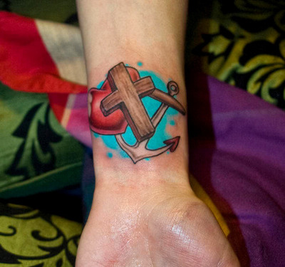 Red Heart With Cross And Anchor Tattoo On Wrist