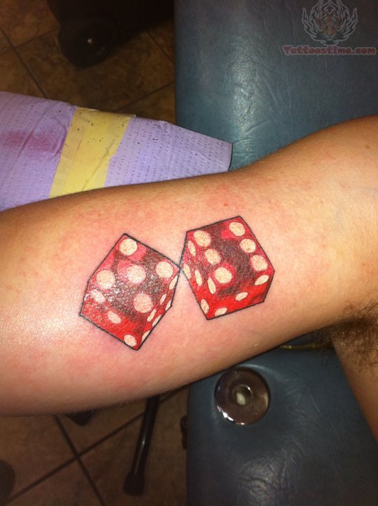 Red Ink Two Dice Tattoo On Right Half Sleeve