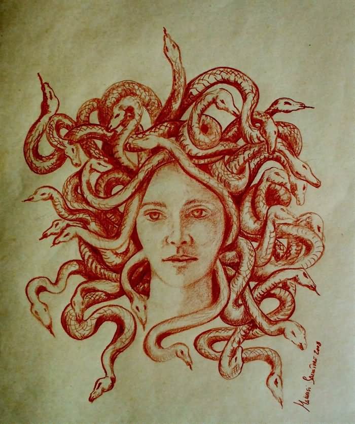 Red Medusa Face Tattoo Design Idea by Malvasi