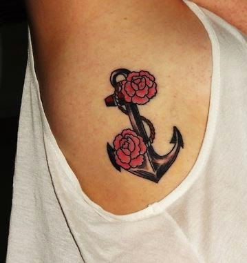 Red Roses And Anchor Tattoo On Armpit