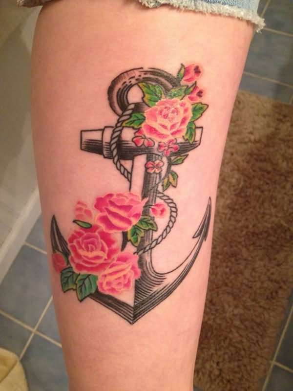 Rose Flowers And Anchor Tattoo On Leg