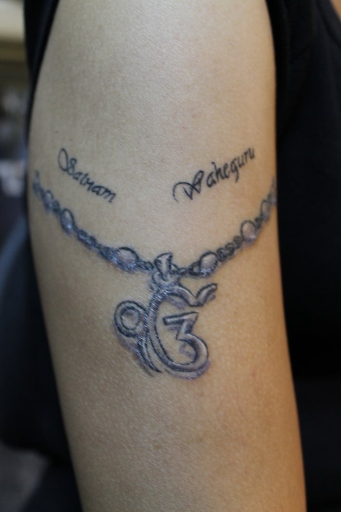 Satnam Waheguru - Rosary Cross Tattoo On Right Half Sleeve
