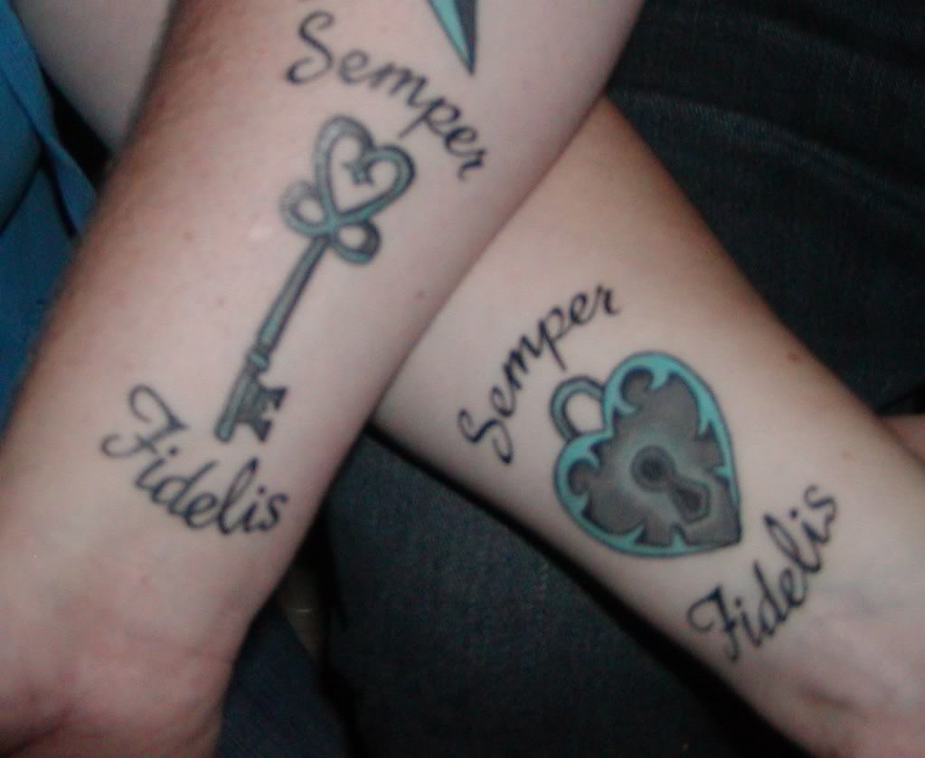 Semper Fidelis - Heart Shape Lock And Key Tattoo On Couple Wrist