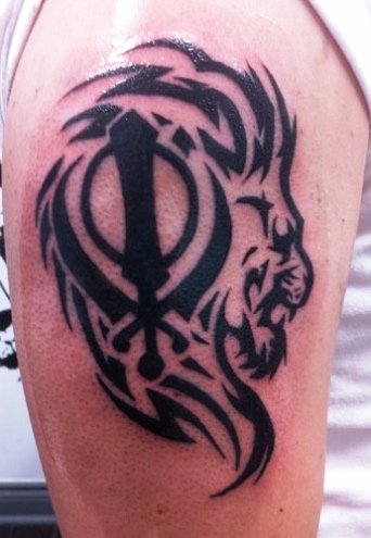 Sikhism Black Khanda With Tribal Lion Head Tattoo Design For Shoulder
