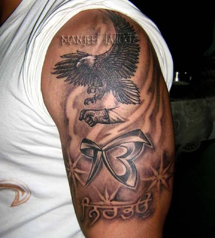 Sikhism Ek Onkar With Flying Eagle Tattoo On Left Half Sleeve