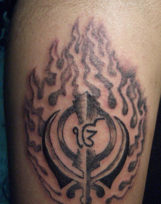 Sikhism Ek Onkar With Khanda In Flame Tattoo Design For Shoulder