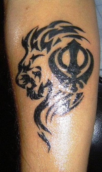 Sikhism Khanda With Tribal Lion Head Tattoo Design For Forearm