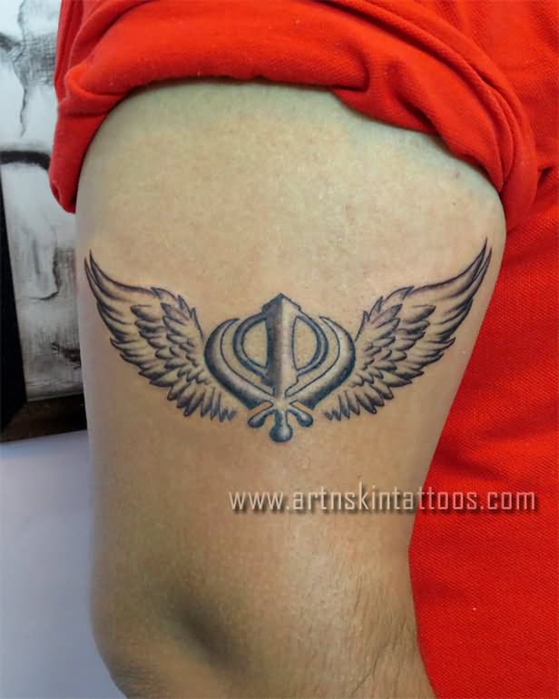 Sikhism Khanda With Wings Tattoo Design For Bicep