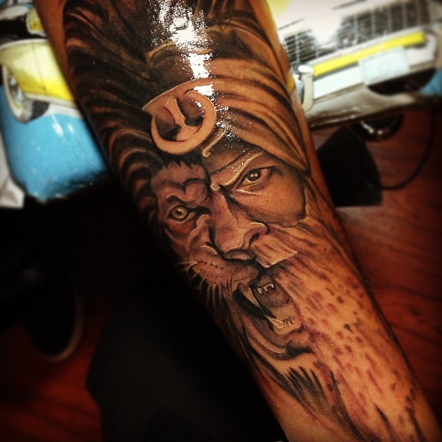 Sikhism Lion Face Singh Tattoo Design For Forearm