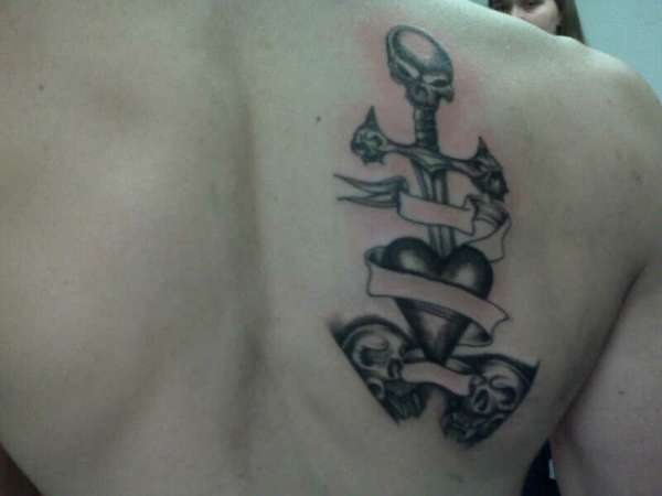 Skull Sword In Heart With Ribbon Tattoo On Right Back Shoulder
