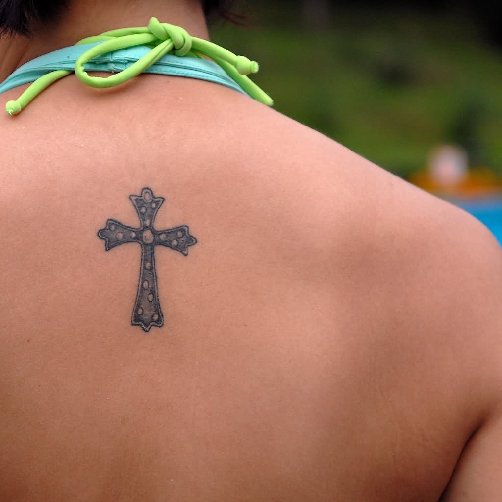 Small Catholic Cross Tattoo design on Back for girls