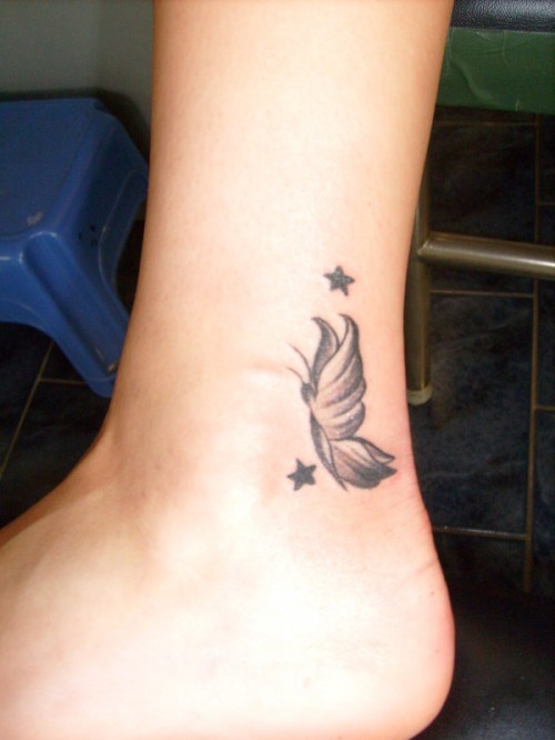 Stars And Grey Butterfly Tattoo On Ankle For Girls