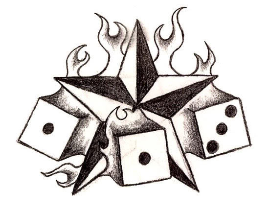 Three Dice With Nautical Star In Flame Tattoo Design