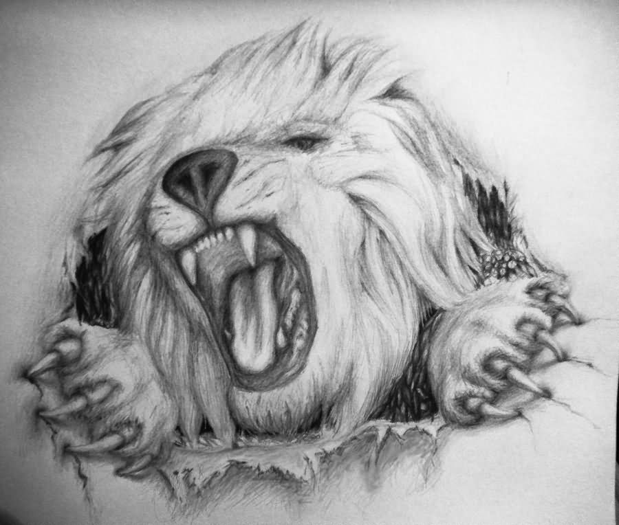 Torn skin roaring lion head tattoo design