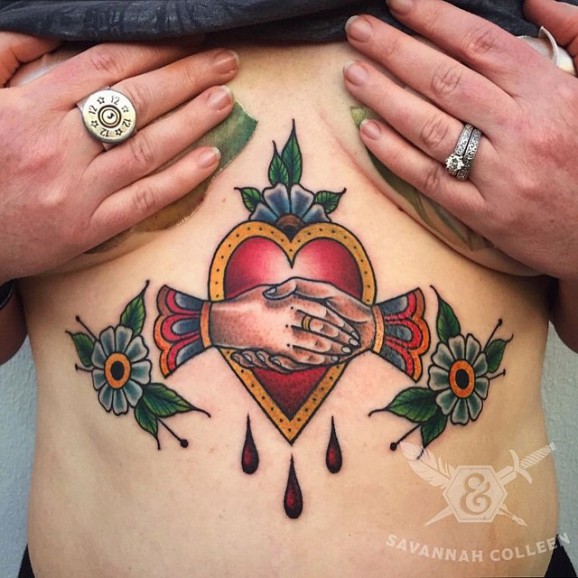 Traditional Colorful Claddagh Tattoo On Girl Stomach By Savannah Colleen McKinney