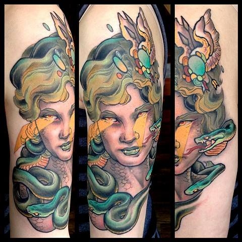 Traditional Medusa Face Tattoo Design On Arm Sleeve