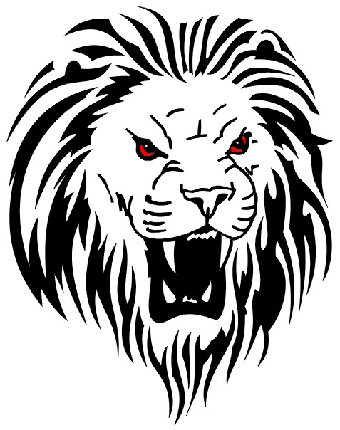 Tribal Roaring Red Eyed lion Face Tattoo Design