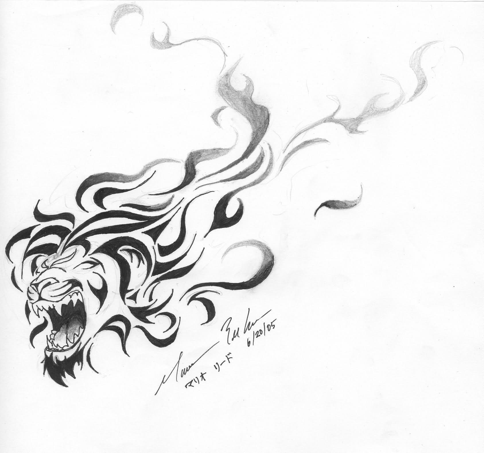 Tribal flamed lion face tattoo design by Rio3104