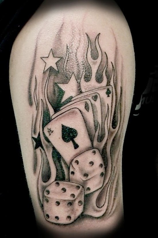 Two Dice With Playing Cards In Flame Tattoo Design For Half Sleeve