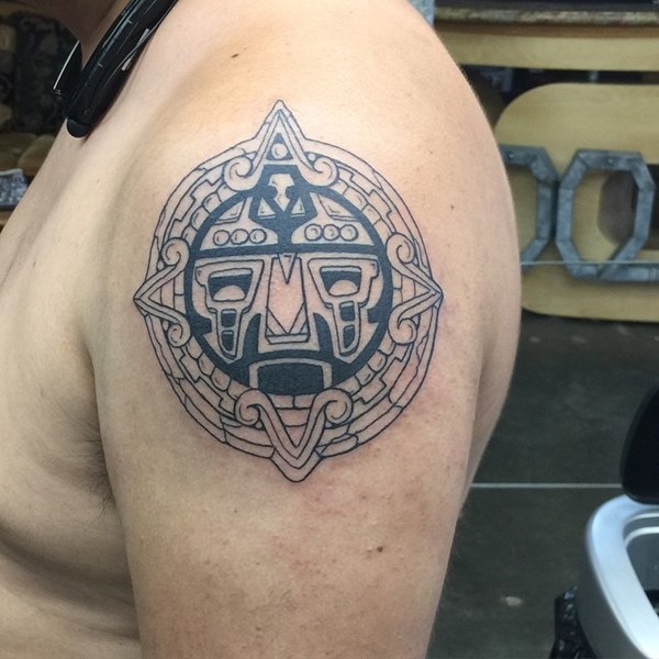 Unique Aztec Tattoo On Man Left Shoulder