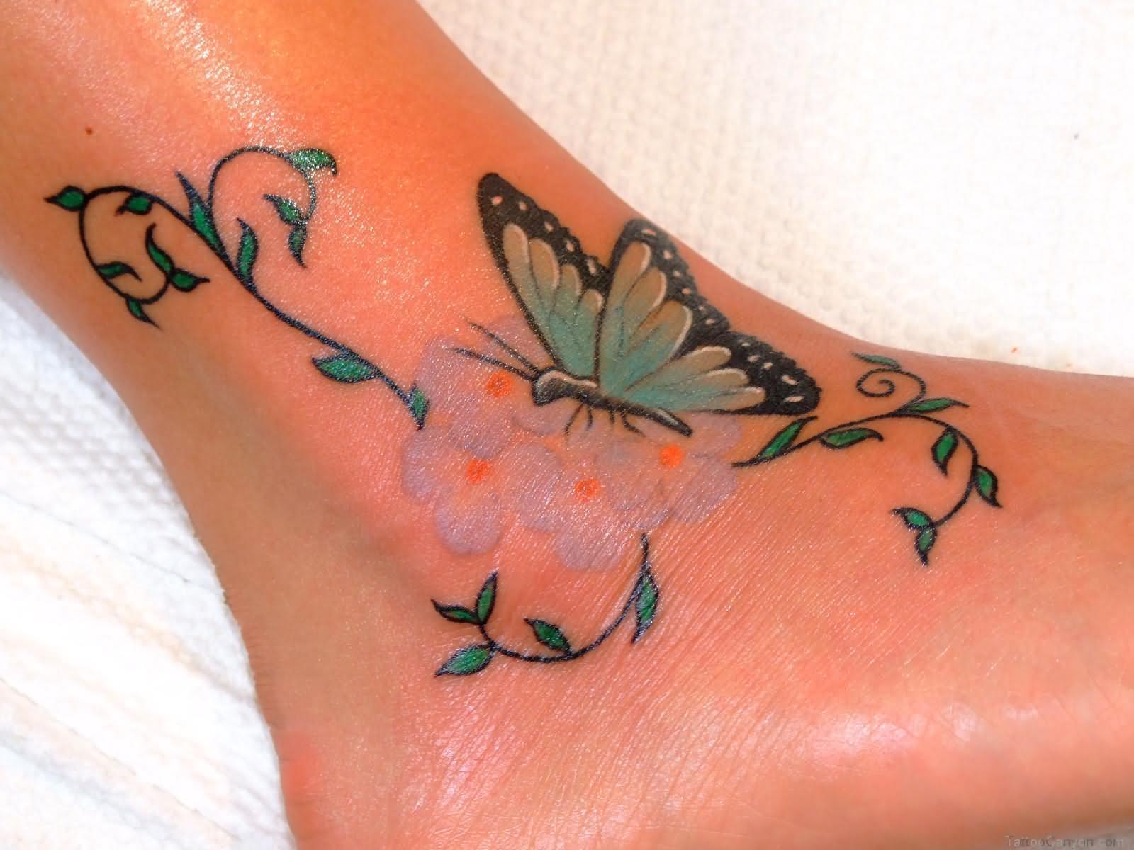 Vine Leaves And Butterfly Tattoo On Ankle