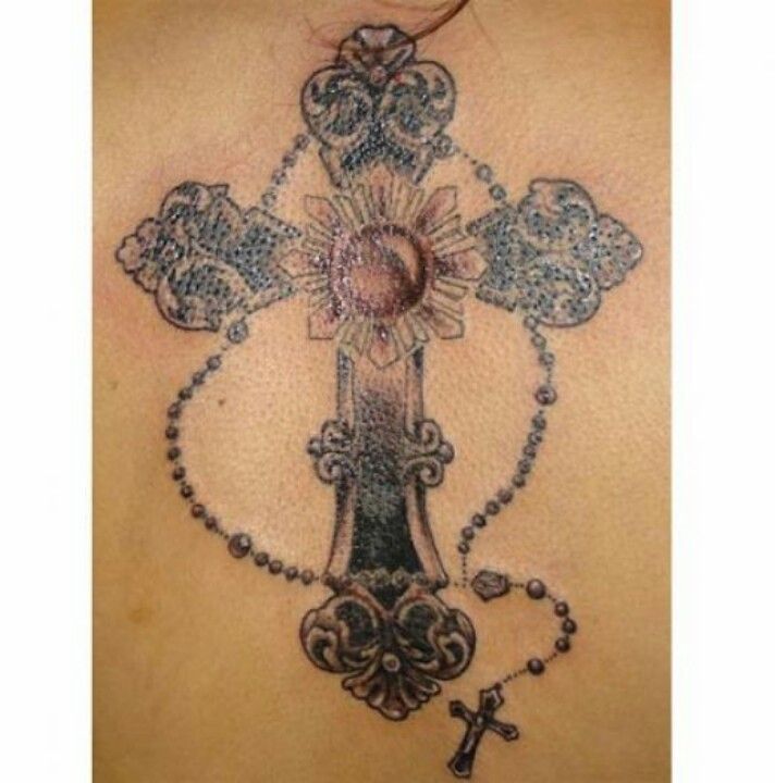 Vintage looking cross with rosary tattoo