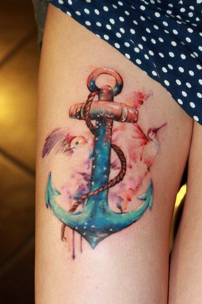 Watercolor anchor Tattoo On Girl Thigh