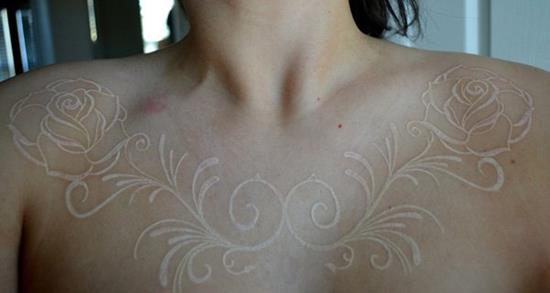 White Ink Rose Flowers Tattoos On Collarbones