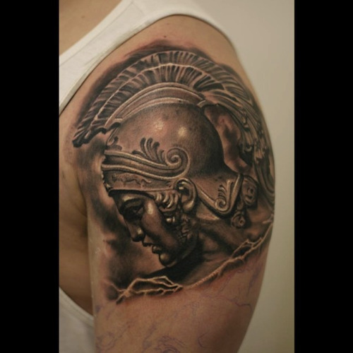 3D Achilles Head Tattoo On Man Left Shoulder By Sam Stokes